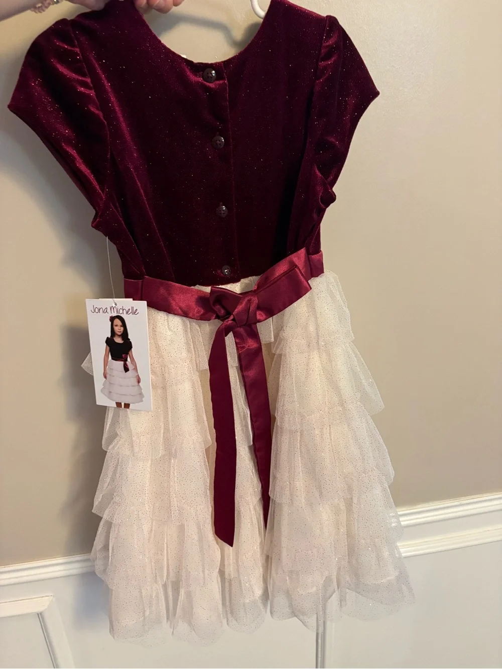 Jona Michelle Burgundy and Ivory Layered Tulle Party Dress